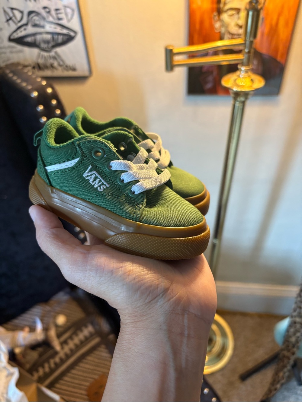 Vans Kids Low-Top Green Canvas Sneakers with Gum Sole